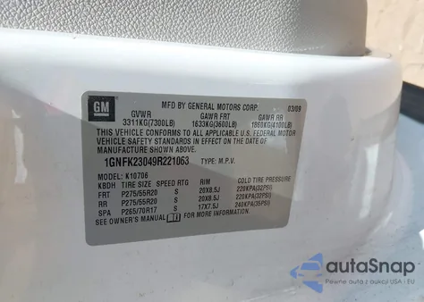 2009 Chevrolet Tahoe Lt2 z USA, uszkodzony, nr VIN 1GNFK23049R221063